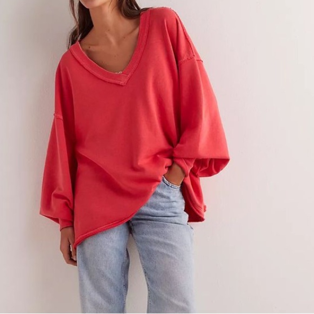 NWOT Free People Venice V-Neck Sweatshirt Red Coral S